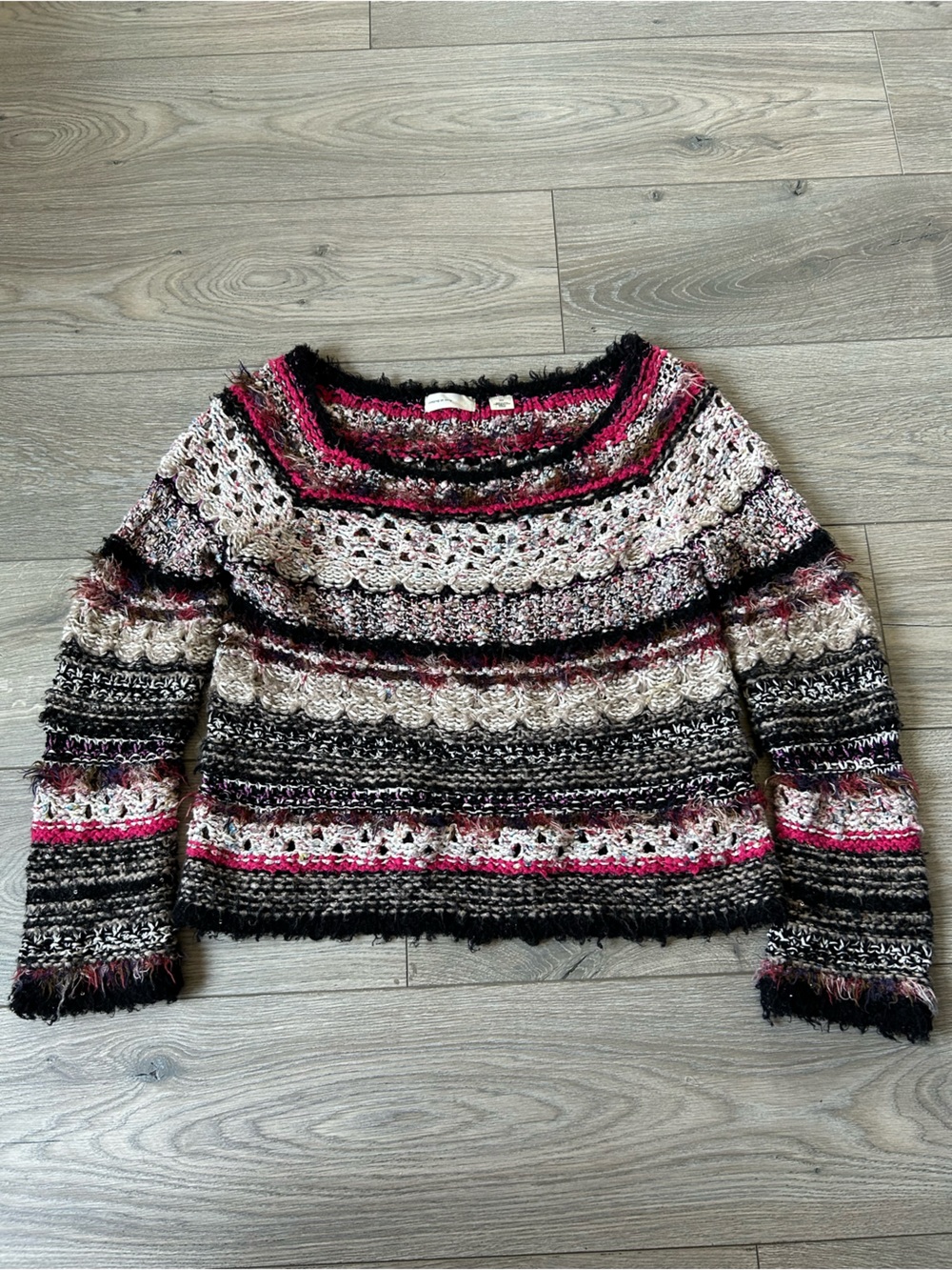 SLEEPING ON SNOW Anthropologie Mixed Media Crochet Boho Sweater Size Medium - Picture 2 of 11